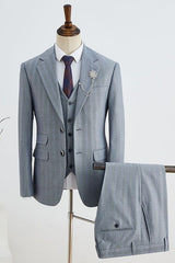 Cedric Formal Gray Striped Three Pieces Notched Lapel Slim Fit Custom Business Suit