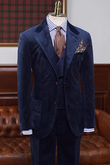 Cedric New Arrival Navy Blue Notched Lapel Three-Piece Velvet Prom Suit