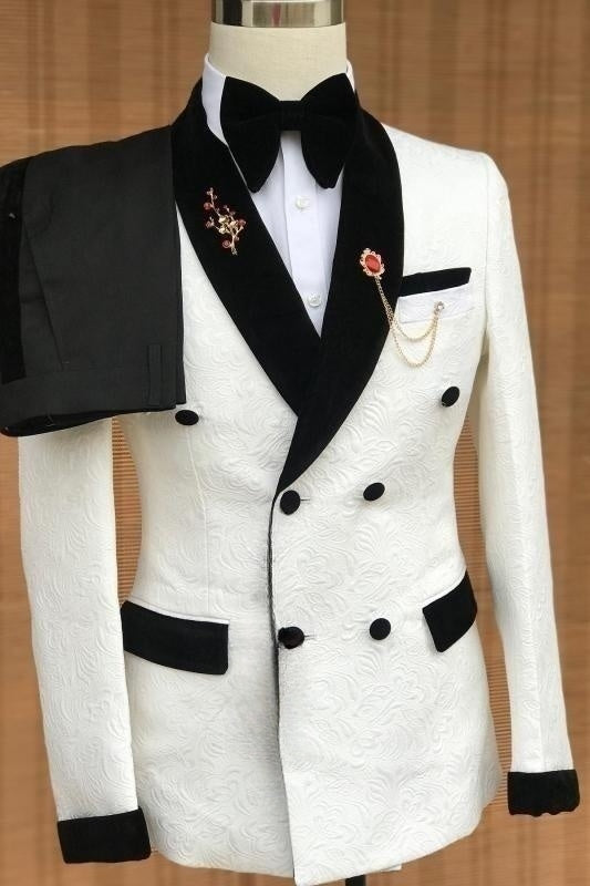 Cedric New Ivory Jacquard Wedding Suit With Black Velvet Lapel