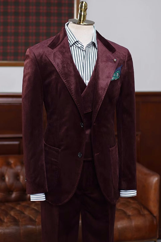 Chad Handsome Burgundy Notched Lapel Three-Piece Velvet Prom Ensemble