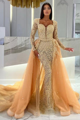 Champagne Mermaid Long Sleeves Sweetheart Prom Dress with Tulle Overskirt