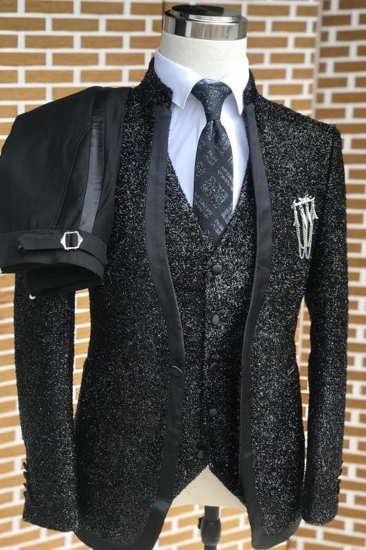 Channing Trendy Black Sequined Shawl Collar Three-Piece Wedding Ensemble