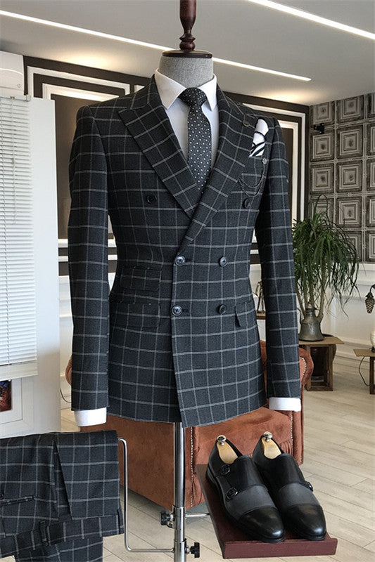 Chapman Bespoke Black Double Breasted Peaked Lapel Plaid Business Suit