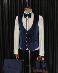 Chapman Elegant White Three-Piece Jacquard Suit with Navy Blue Shawl Lapel