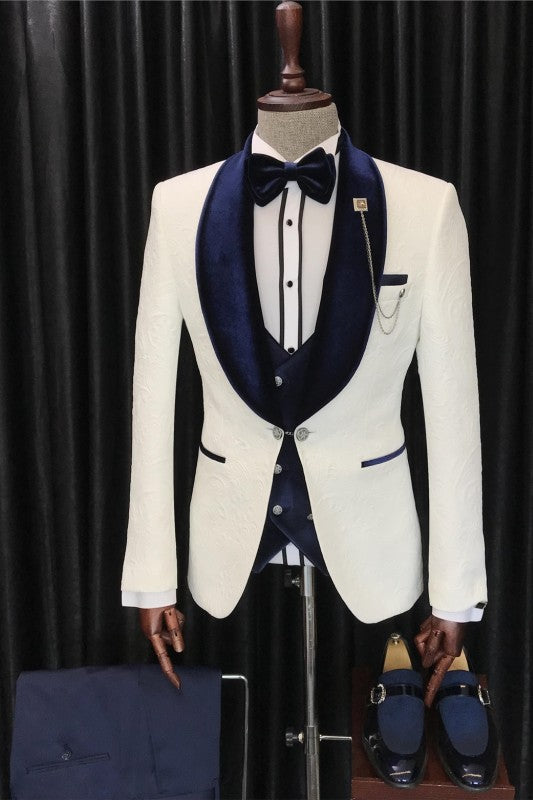 Chapman Elegant White Three-Piece Jacquard Suit with Navy Blue Shawl Lapel