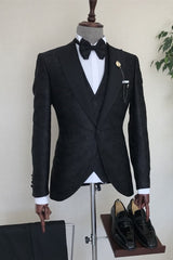 Charles Custom Black Jacquard Peaked Lapel Three-Piece Men's Prom Ensemble