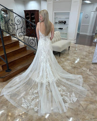 Charming A-line V-neck Sleeveless Appliques Lace Train Wedding Dress