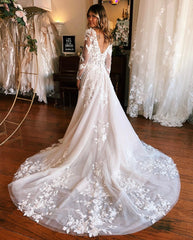 Charming Long A-line Appliques Long Sleeves Wedding Dress With Train