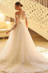 Charming Long A-line Lace Long Sleeves Tulle Wedding Dress