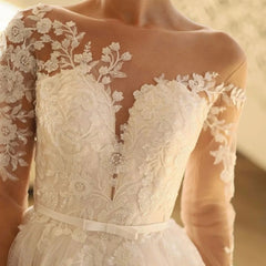 Charming Long A-line Lace Long Sleeves Tulle Wedding Dress