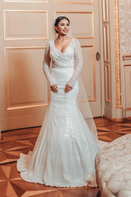 Charming Long A-line Lace Sequined Beading Long Sleeves Wedding Dresses With Detachable Train