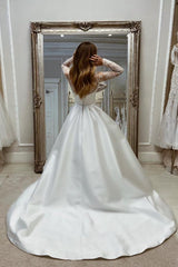 Charming Long A-line White Satin Split Wedding Dresses with Long Sleeves