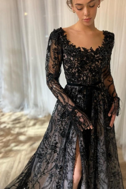 Charming Long Black A-line Lace Glitter Long Sleeves Wedding Dress with Slit