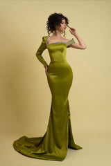 Charming Long Green Mermaid Long Sleeve Rhinestones Prom Dress With Slit