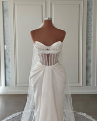 Charming Long Ivory Mermaid Sleeveless Satin Wedding Dress With Pearls