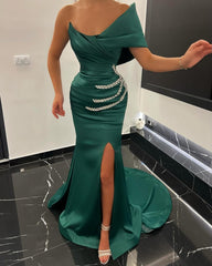 Charming Long Mermaid One Shoulder Satin Rhinestones Prom Dress With Slit