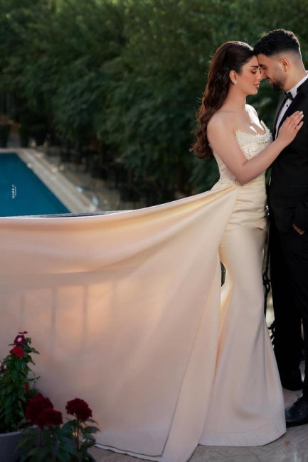 Charming Long Mermaid Strapless Sequined Wedding Dress With Pearls