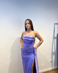 Charming Long Purple Strapless Satin Split Front Sleeveless Prom Dress With Ruffles