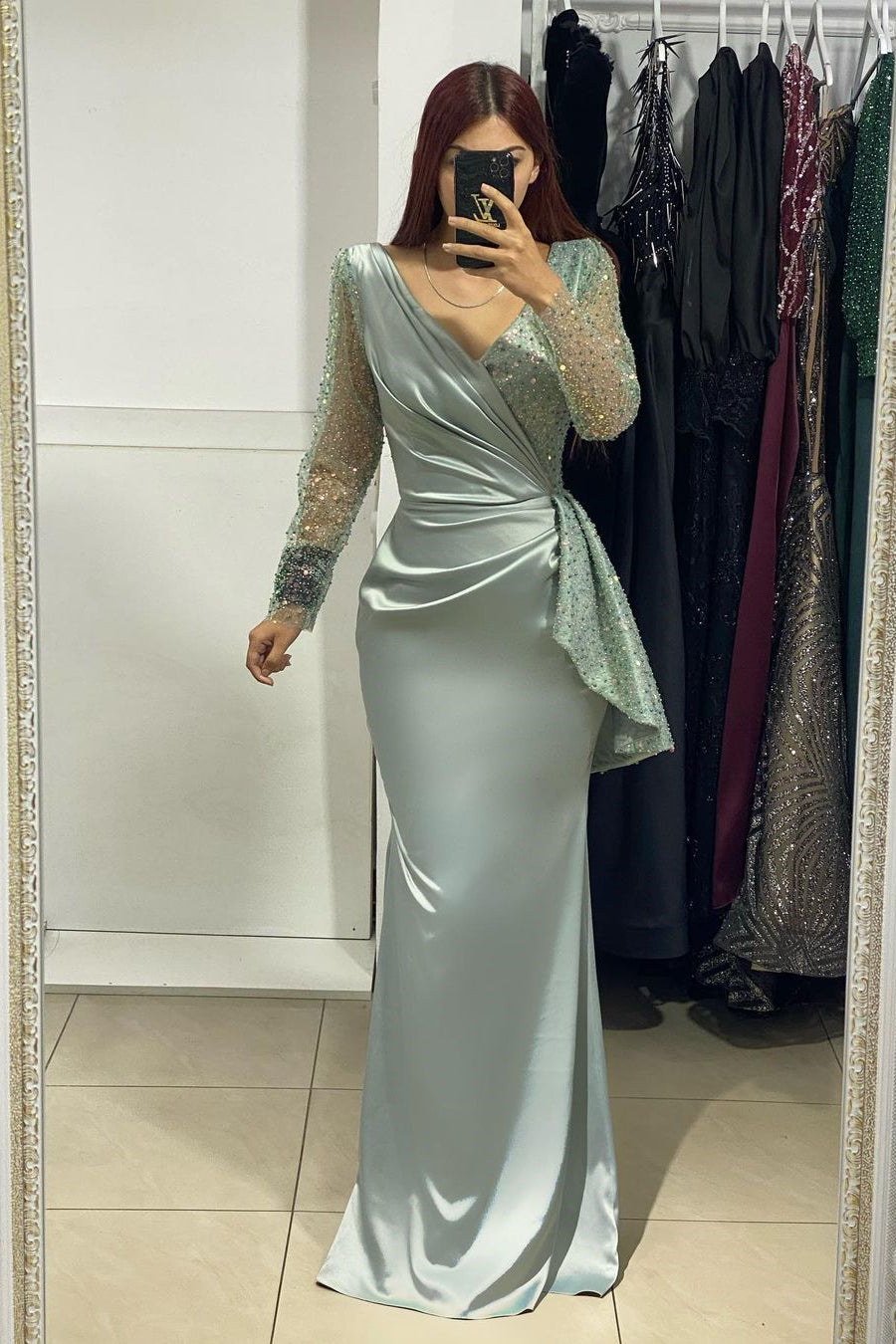 Charming Long V-Neck Long Sleeves Mermaid Prom Dress With Rhinestone-misshow.com