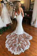 Charming Long V-neck Mermaid Sleeveless Wedding Dress With Lace