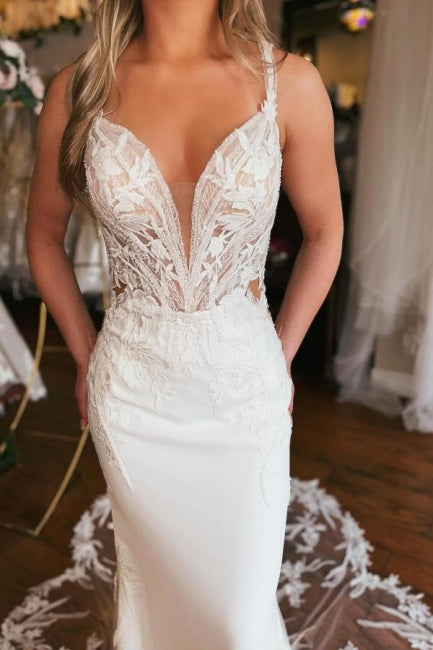 Charming Long V-neck Mermaid Sleeveless Wedding Dress With Lace