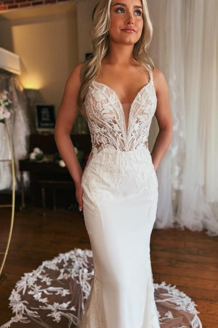 Charming Long V-neck Mermaid Sleeveless Wedding Dress With Lace