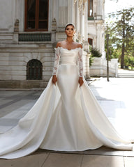 Charming Long White Off-the-shoulder Mermaid Lace Long Sleeves Wedding Dress With Detachable Train