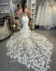 Charming Mermaid Off-the-shoulder Sleeveless Appliques Tulle Lace Train Wedding Dresses