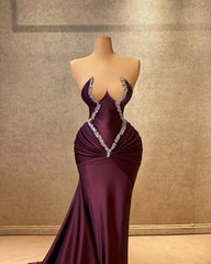 Charming Mermaid Strapless Sleeveless Rhinestone Satin Train Burgundy Long Prom Dress