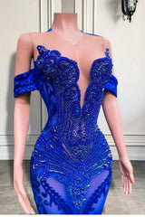 Charming Off-the-Shoulder Royal Blue Crystals Mermaid Prom Dress with Beadings