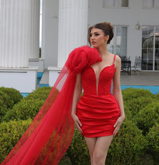 Charming Short Column V-Neck Sleeveless Ruffles Satin Red Prom Dress