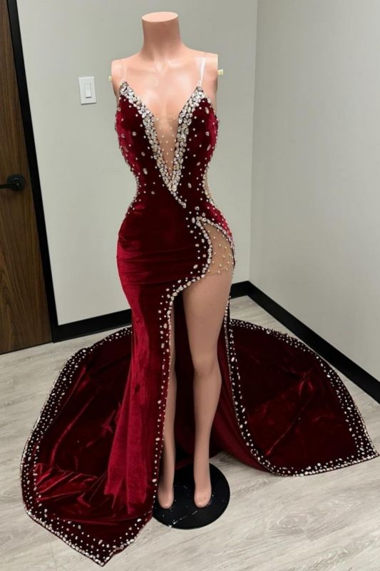 Charming V-Neck Velvet Mermaid Prom Dress Beadings Side Slit Party Dress