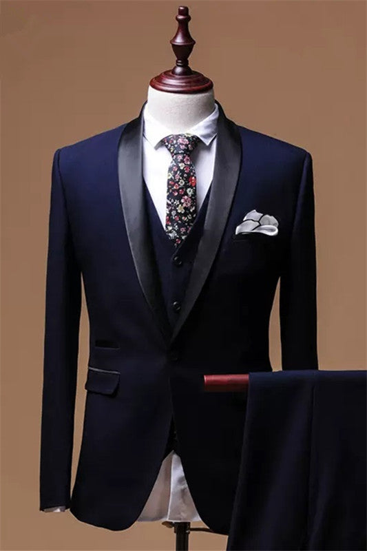 Chasel Sophisticated Navy Blue Shawl Collar Three-Piece Men's Formal Wear