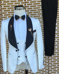 Chasel Three-Piece White Jacquard Bespoke Wedding Suit With Black Collar