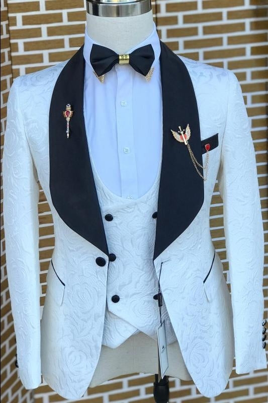 Chasel Three-Piece White Jacquard Bespoke Wedding Suit With Black Collar