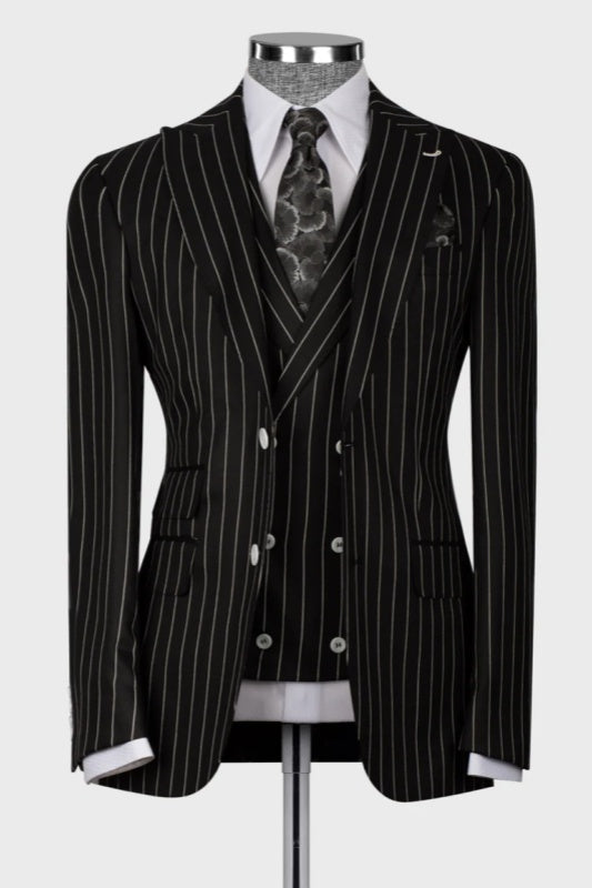 Chester Black Striped Three-Piece Peaked Lapel Business Suit