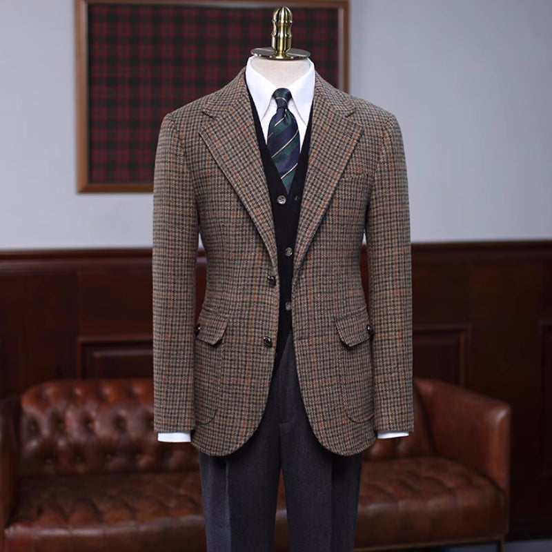 Chester Chic Brown Plaid Notched Lapel Men's Prom Suit