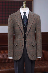 Chester Chic Brown Plaid Notched Lapel Men's Prom Suit