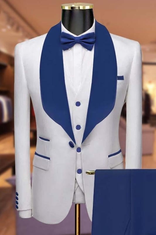 Chester Chic White Three-Piece Wedding Suit With Blue Lapel