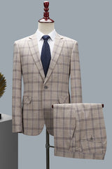 Chic Beige Plaid Two-Piece Notched Lapel Men's Business Suit