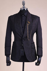 Chic Black Jacquard Shawl Lapel Best Fit Wedding Groom Suit with Belt