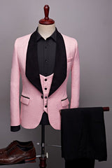 Chic Candy Pink Jacquard One Button Three-Piece Wedding Suit with Black Shawl Collar