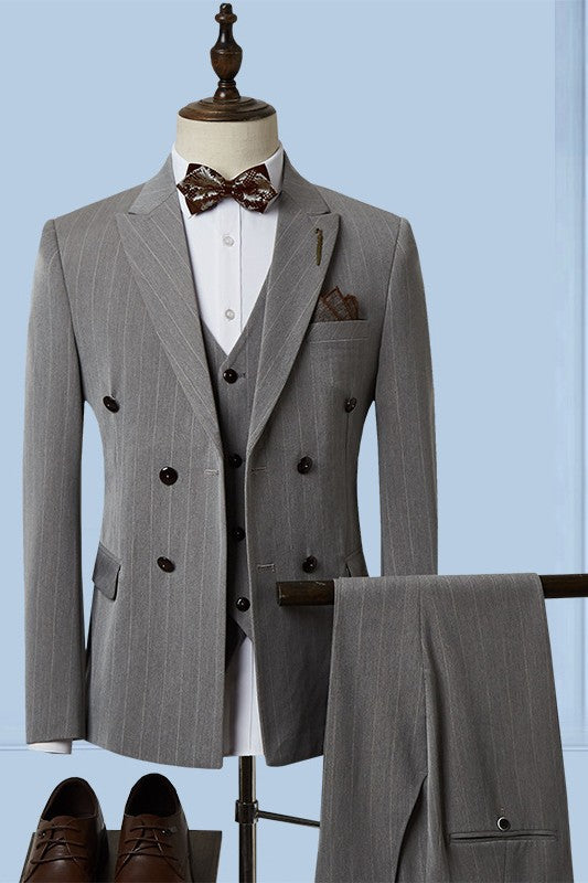 Chic Gray Striped Single-Breasted Three-Piece Peaked Lapel Business Suit for Men