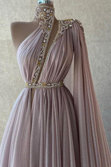 Chic Long Dusty Pink High Neck Lace Prom Dresses with Glitter