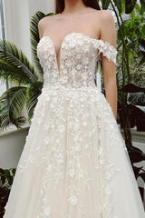 Chic Long Ivory A-line Off-the-shoulder V-neck Sleeveless Wedding Dress with Lace