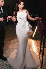 Chic Long Mermaid Simple Satin Strapless Wedding Dress With Lace