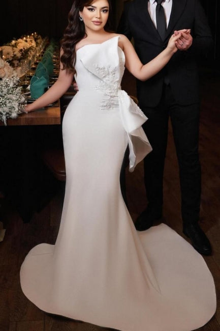 Chic Long Mermaid Simple Satin Strapless Wedding Dress With Lace