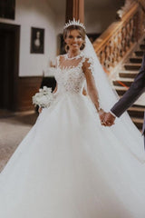 Chic Long White A-line Lace Tulle Wedding Dress with Long Sleeves