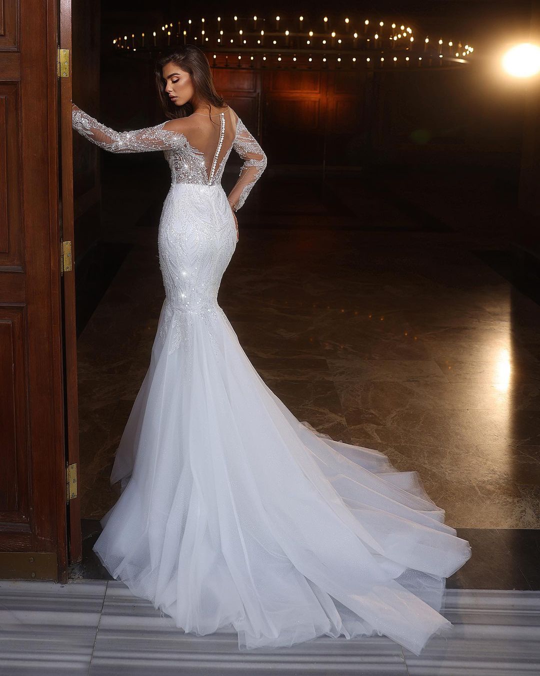 Chic Long White Mermaid Lace Beading Tulle Long Sleeves Wedding Dress