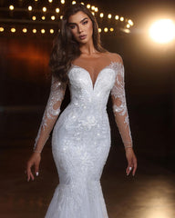 Chic Long White Mermaid Lace Beading Tulle Long Sleeves Wedding Dress